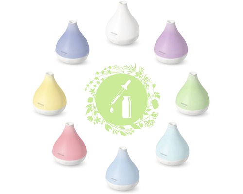 Rôznofarebné aróma difuzéry obklopujú symbol pre esenciálne oleje