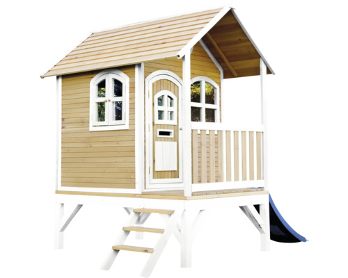 Drevený domček na hranie so šmýkačkou, dverami, oknami a schodiskom