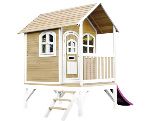 Drevený domček na hranie so šmýkačkou, schodmi, dverami a oknami