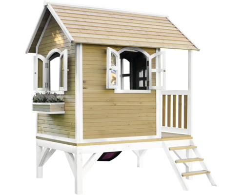 Drevený domček na hranie s oknami a schodmi