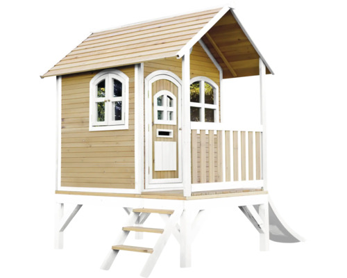 Drevený hrací domček so šmýkačkou, schodmi, oknami a dverami