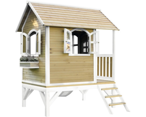 Drevený hrací domček so schodmi, oknami a kvetináčom