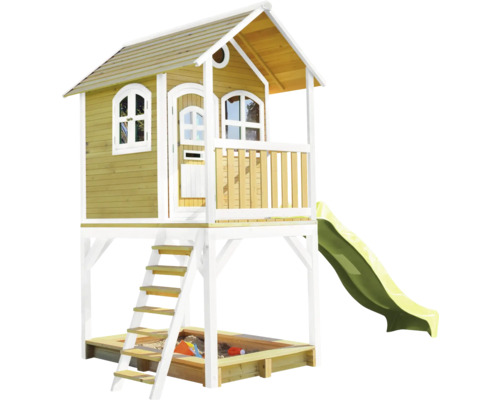 Drevený domček na hranie so šmýkačkou a pieskoviskom