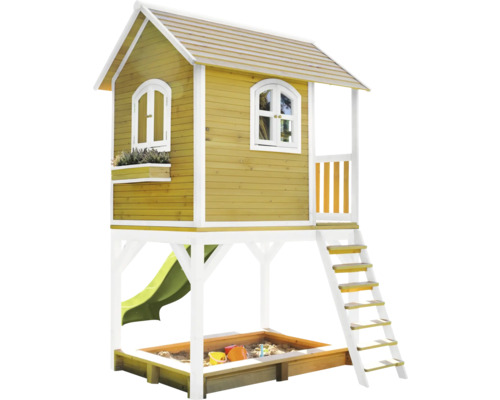 Drevený domček na hranie so šmýkačkou a pieskoviskom