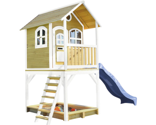 Drevený domček na hranie so šmýkačkou, pieskoviskom a schodmi