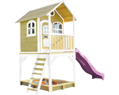 Domček na hranie so šmykľavkou, pieskoviskom a rebríkom.