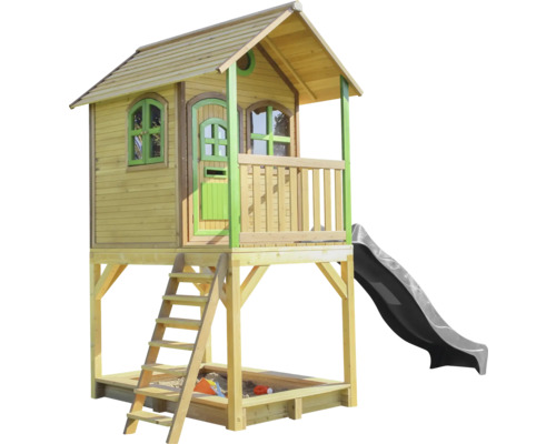 Drevený domček na hranie so šmýkačkou, rebríkom a pieskoviskom