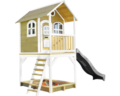 Drevený domček na hranie so šmýkačkou, pieskoviskom a rebríkom do záhrady