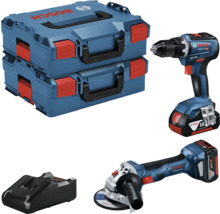 Kombinované akumulátorové balenie Bosch s dvoma kuframi na náradie, akumulátorovým vŕtacím skrutkovačom, akumulátorovou uhlovou brúskou a nabíjačkou