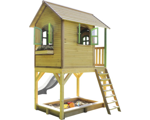 Drevený domček na hranie s pieskoviskom, šmýkačkou a rebríkom