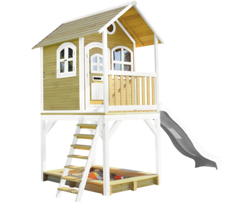 Drevený hrací domček s pieskoviskom a šmýkačkou