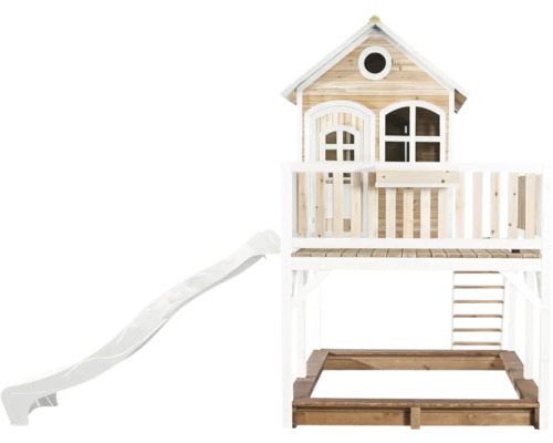 Drevený hrací domček so šmýkačkou a pieskoviskom