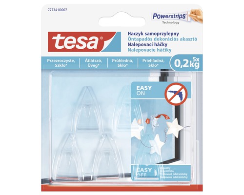 Tesa samolepiaci transparentný dekoračný háčik na sklo 5ks, 0,2kg Samolepiace háčiky Tesa Powerstrips na zavesenie dekorácií, päť kusov