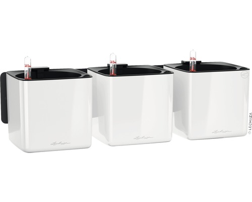 Tri biele kvetináče Lechuza Cube Color s ukazovateľom zavlažovania na montáž na stenu