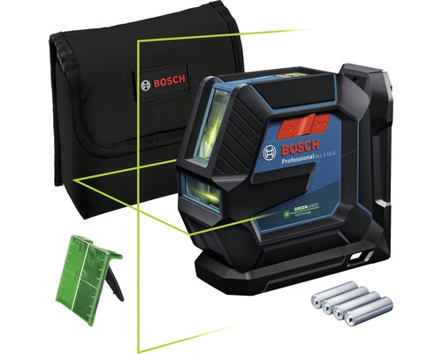 Čiarový laser Bosch Professional GLL 2-15 G vrátane laserovej cieľovej tabuľky a 4 x 1,5 V LR6 batérie (AA)