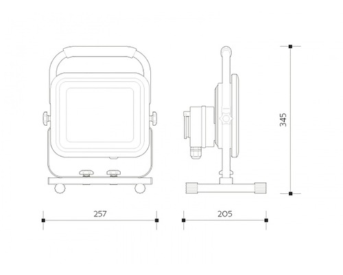 Rozmery LED reflektora: šírka 257 mm, hĺbka 205 mm a výška 345 mm.