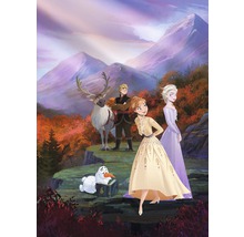 Ilustrácia Anny, Elsy, Kristoffa, soba Svena a snehuliaka Olafa pred horskou krajinou