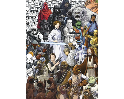 Ilustrácia rôznych postáv z univerza Star Wars.