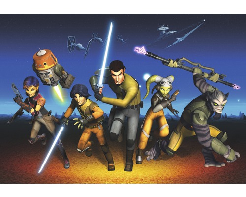 Zobrazenie postáv z animovaného seriálu Star Wars Povstalci na pozadí vesmíru.