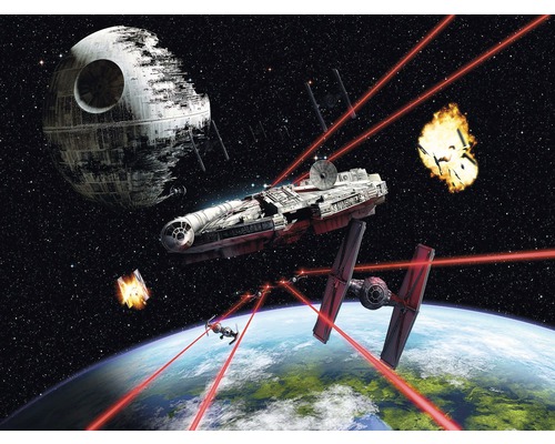 Scéna z Hviezdnych vojen s Hviezdou smrti, Millenium Falcon a vesmírnymi loďami