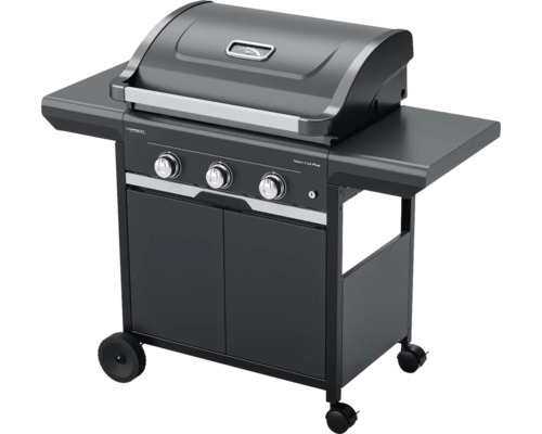 Plynový gril s tromi horákmi, teplomerom vo veku, dvoma bočnými policami a spodnou skrinkou