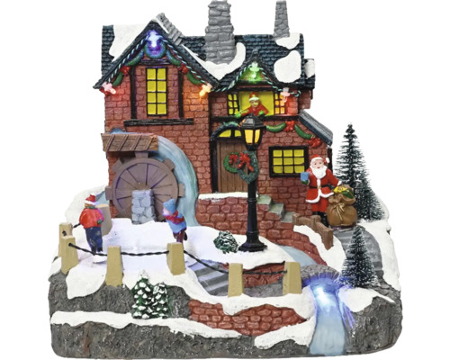 LED scenéria polyresinová 19 x 22,6 x 20,8 cm Christmas Villages Vianočná dedina s vodným mlynom, Santa Clausom a deťmi