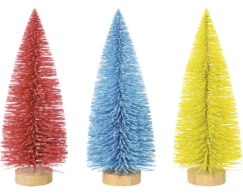 Strom Christmas villages 21 cm 3 ks modrý, žltý, červený Tri dekoratívne plastové vianočné stromčeky na drevenom podstavci