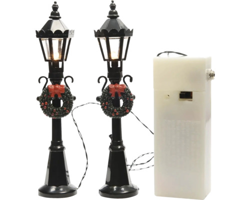 Pouličné lampy k Christmas villages LED na batérie 2,5 x 12 cm 2 ks čierne Dve dekoratívne pouličné lampy s vencami a batériou pre slávnostné osvetlenie