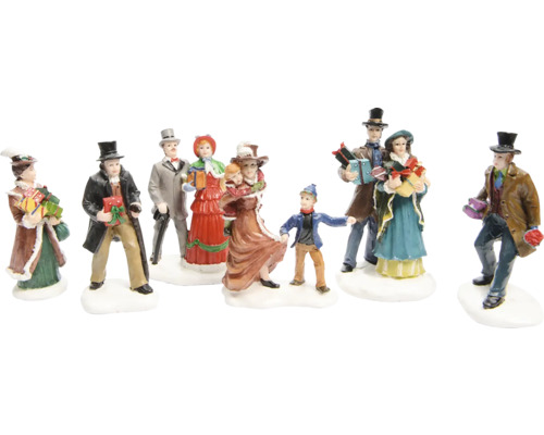 Dekoratívna skupina figúrok vo viktoriánskom štýle s vianočnými darčekmi