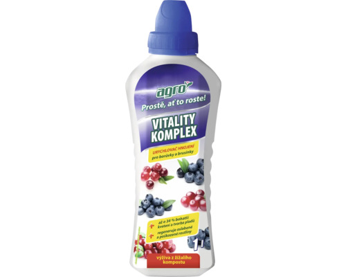 Hnojivo pre čučoriedky a brusnice Agro VITALITY KOMPLEX 1 l Tekuté hnojivo pre čučoriedky a brusnice v bielej plastovej fľaši od Agra.