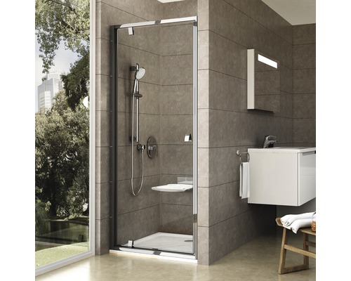 Sprchové dvere do niky RAVAK PDOP1-80 bright alu+transparent 03G40C00Z1 Sprchovací kút so sprchovou hlavicou, sedadlom a umývadlom v kúpeľni