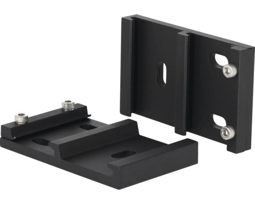 Dve čierne hliníkové montážne lišty so skrutkami