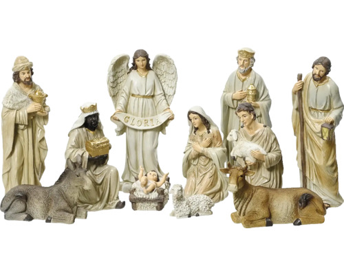 Súprava figúrok betlehemov s Jozefom, Máriou, Ježiškom, Tromi kráľmi, anjelom a zvieratami.
