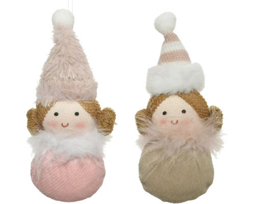 Dve látkové bábiky s čiapkami ako ozdoby na vianočný stromček