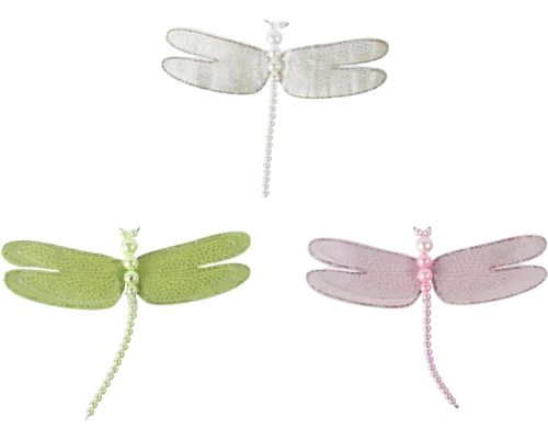 Tri dekoratívne vážky z perál a textílie