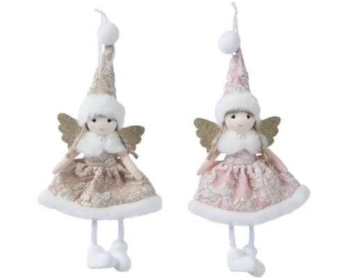 Dekoratívna figúrka anjel s čiapkou textilnou 24 cm 1 ks, rôzne farby Dva ozdobní vianoční anjeli na zavesenie