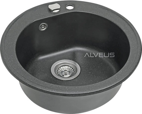 Okrúhly granitový kuchynský drez s odtokom a logom Alveus