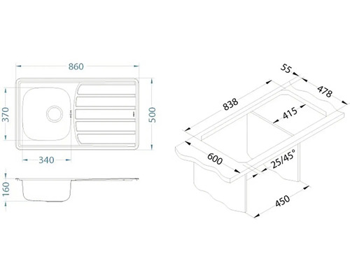 Technický nákres kuchynského drezu s rozmermi.