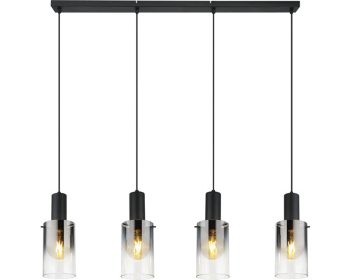 Závesné svietidlo so štyrmi žiarovkami a čírymi sklenenými tienidlami pre vnútorné použitie