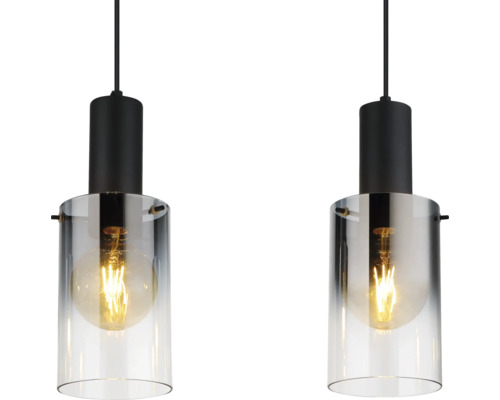 Dve závesné svietidlá so sklenenými valcami a čiernym zavesením