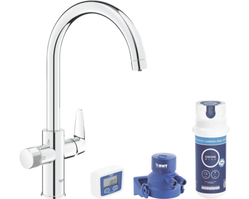 Kuchynská batéria s filtračnou funkciou GROHE GROHE Blue Pure chrómová 30593000 Vodovodný kohútik Grohe Blue s filtrom, prietokomerom a hlavou filtra