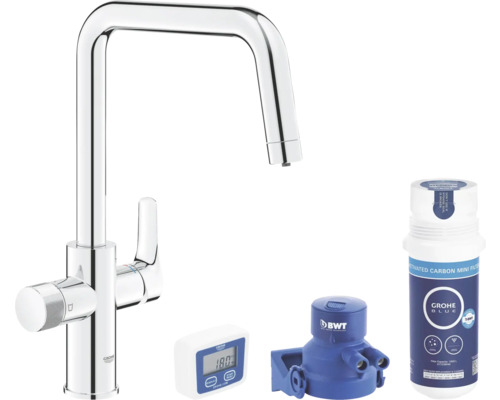 Kuchynská batéria s filtračnou funkciou GROHE GROHE Blue Pure chrómová 30596000 Kuchynská batéria so systémom vodného filtra, hlava filtra, filtračná patróna, merač tvrdosti