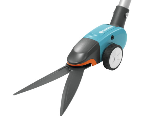 Logo Gardena, nožnice na trávu s kolieskami