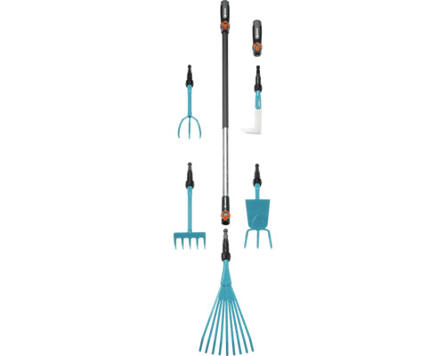 Čistiaca a ošetrovacia súprava Gardena s teleskopickou násadou a rôznymi nadstavcami na záhradníctvo