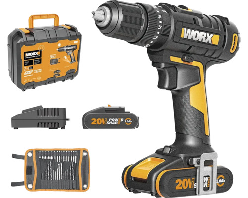 Aku vŕtací skrutkovač 20V WORX WX370 50Nm, vrátane kufra, aku 2 x 2Ah a nabíjačky Súprava akumulátorového vŕtacieho skrutkovača Worx s akumulátorom, nabíjačkou, súpravou vrtákov a kufríkom
