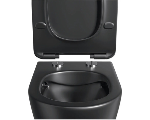 Čierna závesná toaleta s otvoreným splachovacím kruhom a WC sedadlom