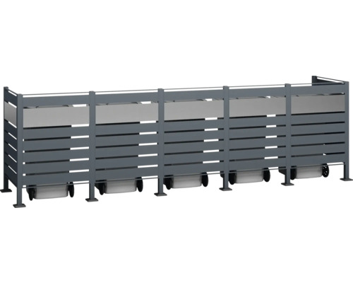 Sivý box na smetné nádoby s lamelami a úložným priestorom pre viacero smetných nádob