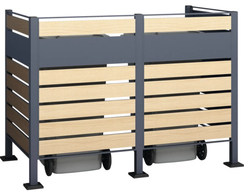 Dvojitý box na smetné nádoby z kovu a dreva s kolieskami