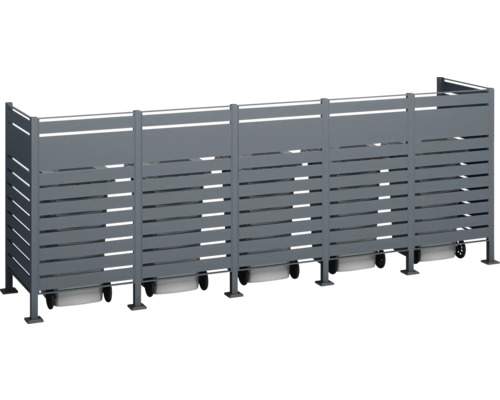 Sivý box na smetné nádoby s lamelovým vzhľadom a kolieskami na vonkajšie uskladnenie smetných nádob