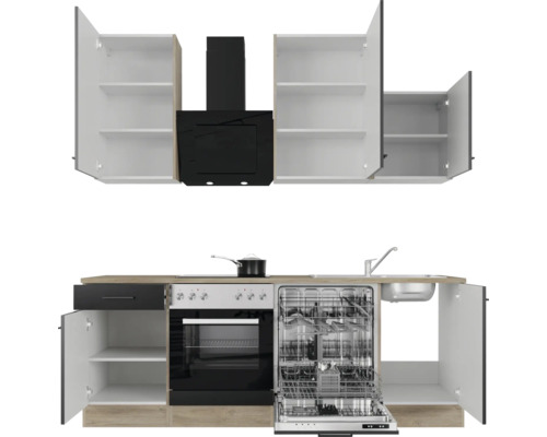 Kuchynská linka s drezom, umývačkou riadu, sporákom, digestorom a skrinkami